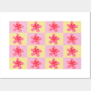 Retro sixties yellow and pink flower pattern Posters and Art